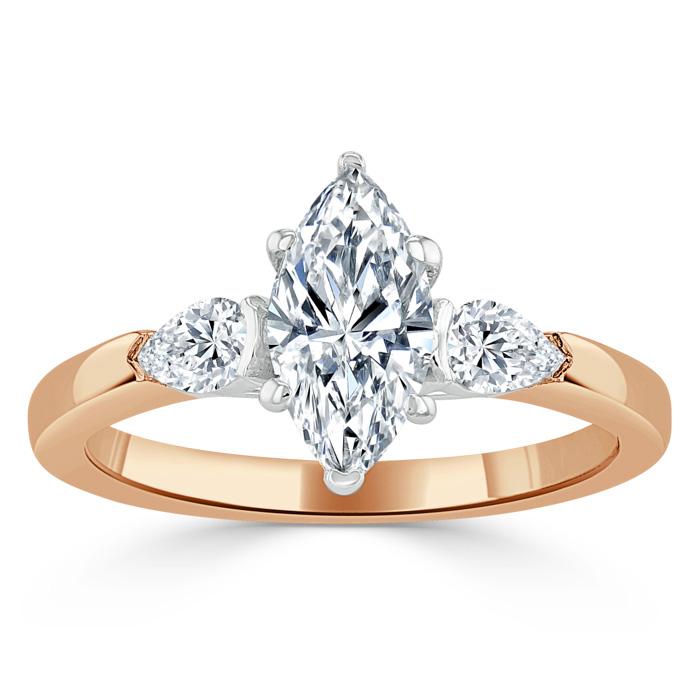 1.30ct  Maquise Cut Moissanite 3 stone Engagement Ring,  Available in White Gold, Platinum, Rose Gold or Yellow Gold