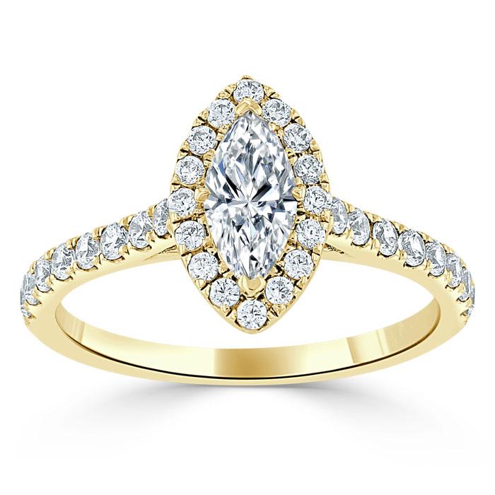 Lab-Diamond Marquise Cut Halo Engagement Ring, Tiffany Style, Choose Your Stone Size and Metal