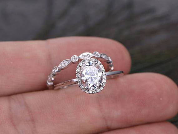 1.50ct Oval Cut Moissanite Ring Set, Halo Surround with Band, Available in White, Yellow, Rose Gold or Platinum, 1.00ct Main Stone