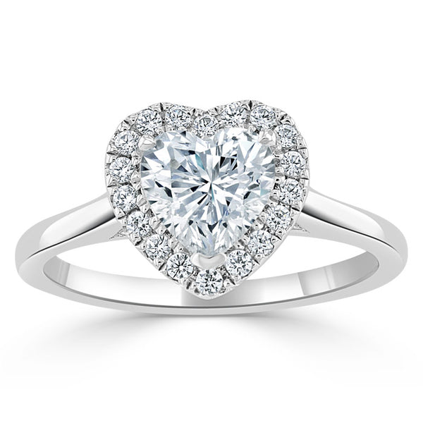 0.75ct Heart Cut Moissanite Halo Engagement Ring, Available in White Gold or Platinum