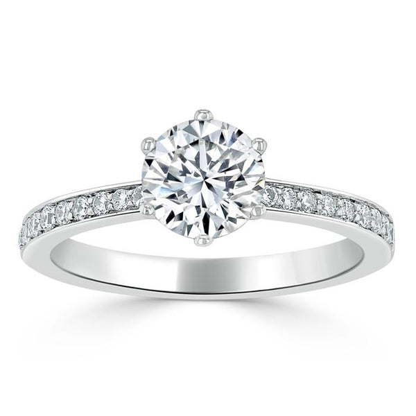 1.25ct  Round Cut Moissanite Halo Engagement Ring, Classic Tiffany Style,  Available in White Gold, Platinum, Rose Gold or Yellow Gold