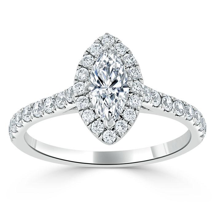 1.40ct Marquise Cut Moissanite Halo Engagement Ring, Tiffany Style,  Available in White Gold, Platinum, Rose Gold or Yellow Gold