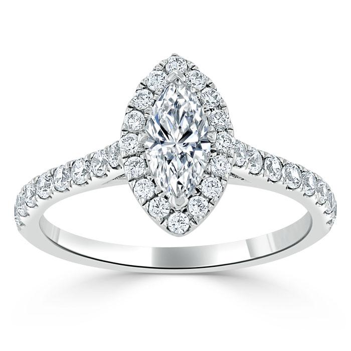 Lab-Diamond Marquise Cut Halo Engagement Ring, Tiffany Style, Choose Your Stone Size and Metal