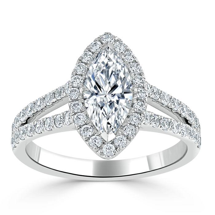 1.60ct Marquise Cut Moissanite Halo Engagement Ring, Tiffany Style,  Available in White Gold, Platinum, Rose Gold or Yellow Gold