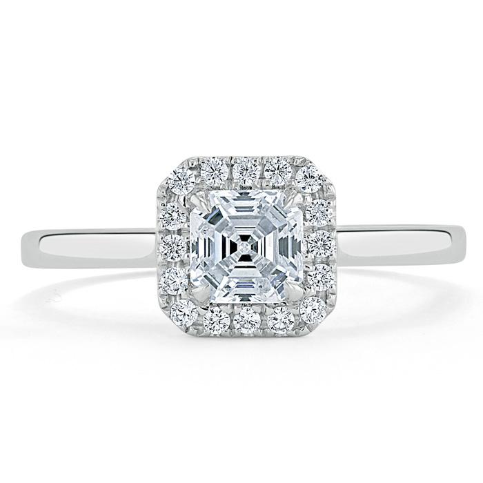 0.75ct Asscher Cut Moissanite Halo Engagement Ring, Available in White Gold or Platinum