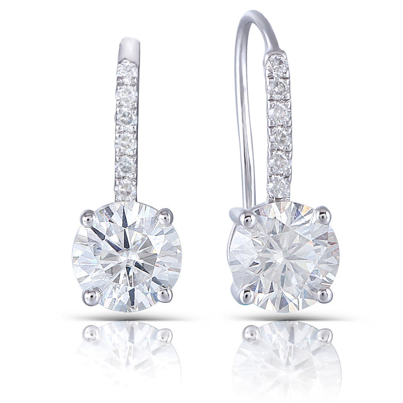 Copy of 1.00ct each, Round Cut Moissanite Drop Earrings, Shepards Hook, 14Kt 585 White Gold