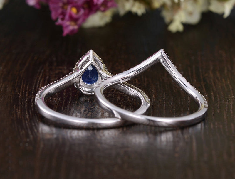 0.75ct Lab Created Blue Sapphire Ring Set, Art Deco Vintage Design, Pear Cut, Available In All Metal Types