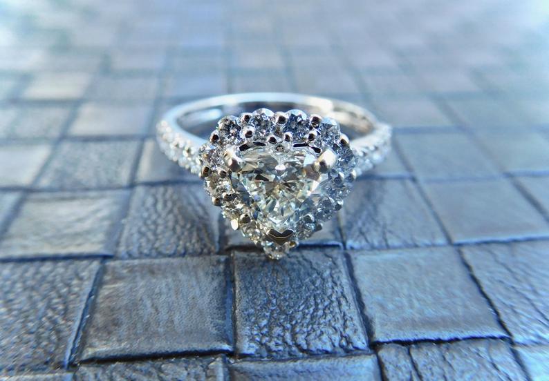 Heart shaped diamond engagament ring, heart shaped halo