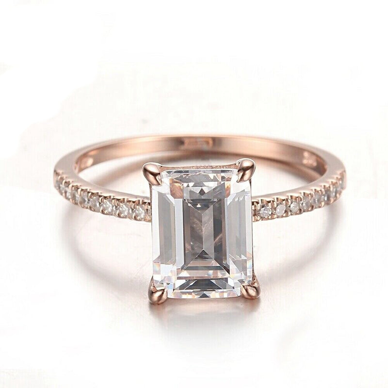 2.00ct Emerald Cut Moissanite Engagement Ring, Available in 14kt or 18kt Rose Gold