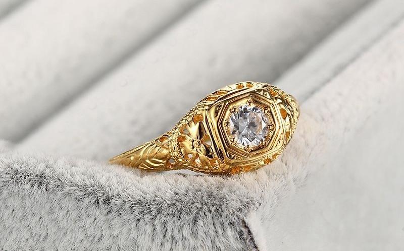 0.30ct Round Cut Moissanite Engagement Ring, Vintage Design, Available in 10Kt, 14Kt or 18kt Yellow Gold