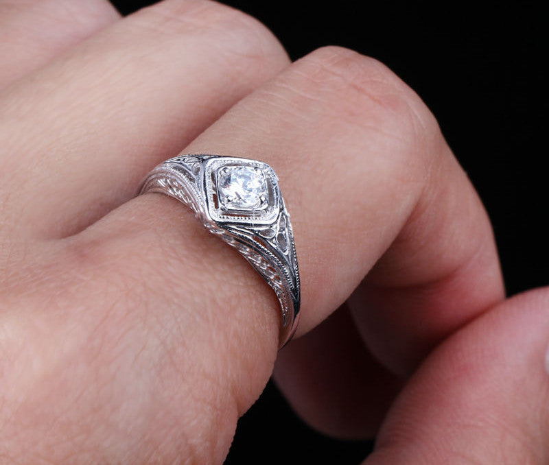 0.30ct Round Cut Moissanite Engagement Ring, Vintage Design, Available in 10Kt, 14Kt or 18kt White Gold