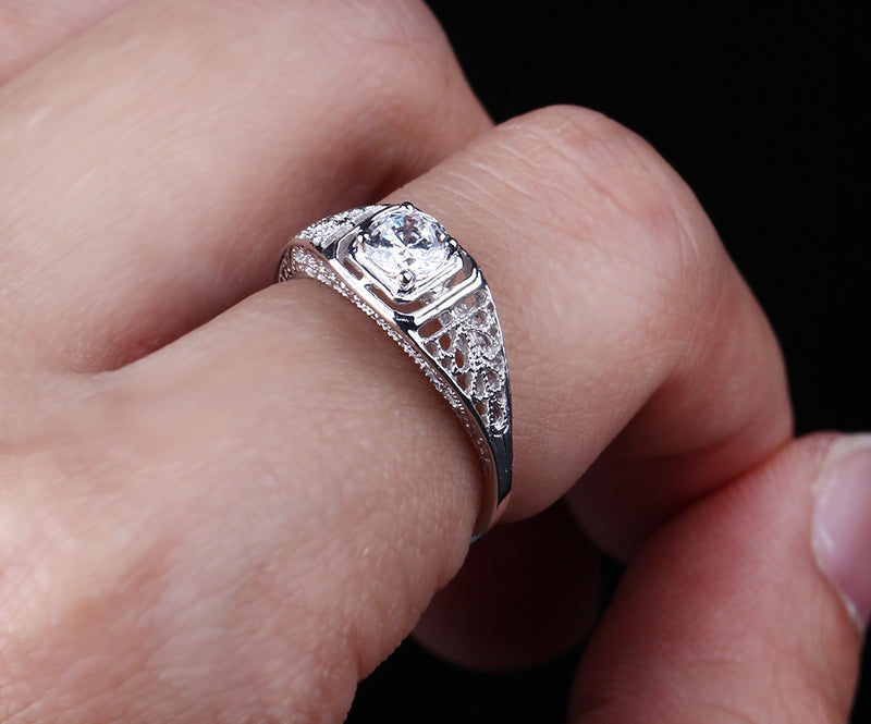 0.40ct Round Cut Moissanite Engagement Ring, Vintage Design, Available in 10Kt, 14Kt or 18kt White Gold