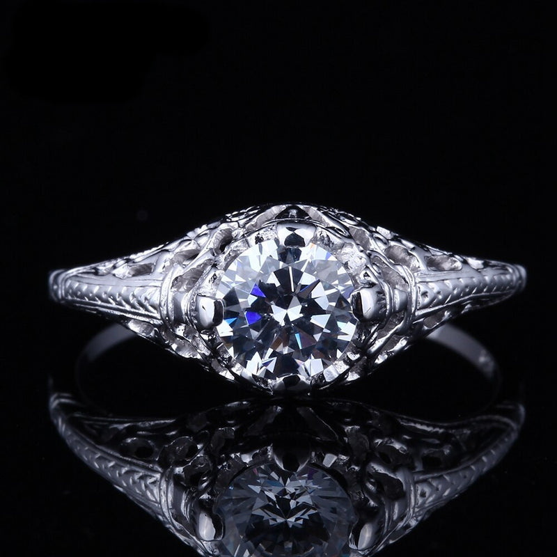 0.60ct Round Cut Moissanite Engagement Ring, Vintage Design, Available in 10Kt, 14Kt or 18kt White Gold