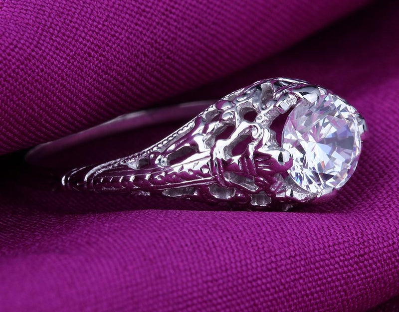 0.60ct Round Cut Moissanite Engagement Ring, Vintage Design, Available in 10Kt, 14Kt or 18kt White Gold
