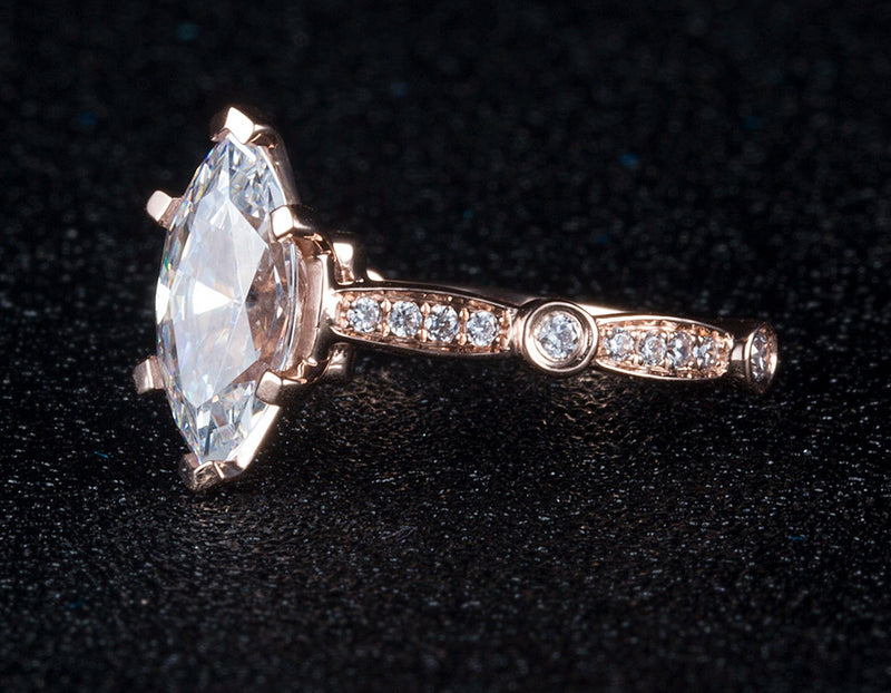 2.00ct Marquise Cut Moissanite Engagement Ring, Vintage Design, Available in 14kt or 18kt Rose Gold