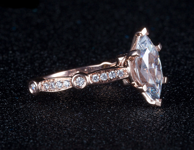 2.00ct Marquise Cut Moissanite Engagement Ring, Vintage Design, Available in 14kt or 18kt Rose Gold