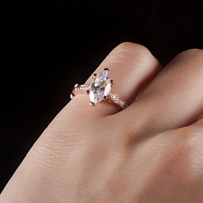 2.00ct Marquise Cut Moissanite Engagement Ring, Vintage Design, Available in 14kt or 18kt Rose Gold
