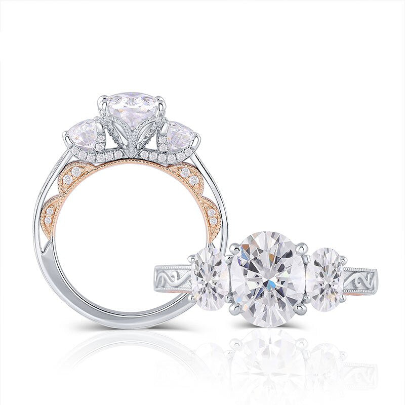 3.20ct Oval Cut Moissanite 3 Stone, Classic Engagement Ring, Available in White Gold or Platinum with Rose Gold Detailing