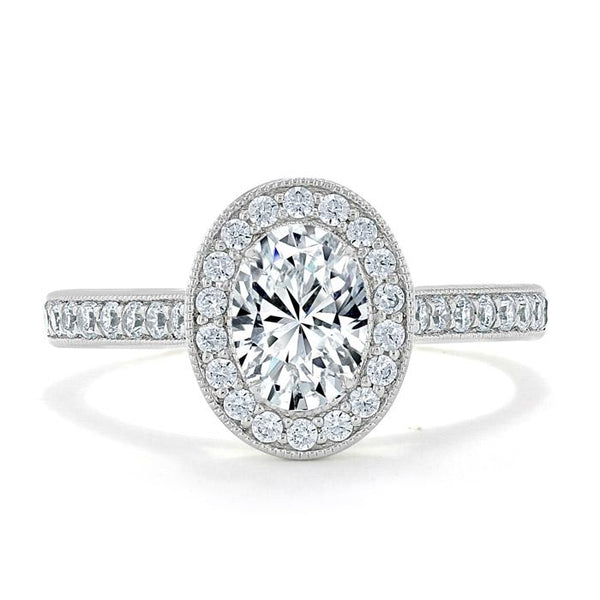 1.35ct Oval Cut Moissanite Halo Engagement Ring, Tiffany Style,  Available in White Gold, Platinum, Rose Gold or Yellow Gold