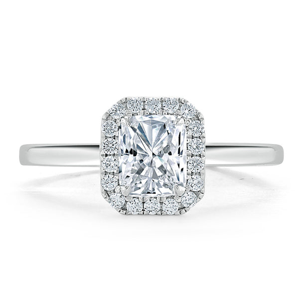 0.75ct Radiant Cut Moissanite Halo Engagement Ring, Available in White Gold or Platinum