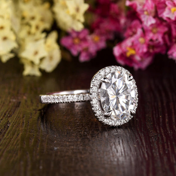 Oval Cut Moissanite Engagement Ring, Vintage Halo Design