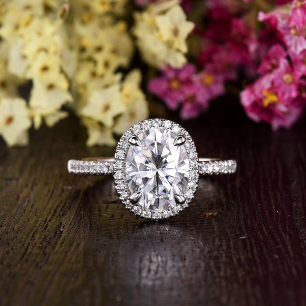 Oval Cut Moissanite Engagement Ring, Vintage Halo Design