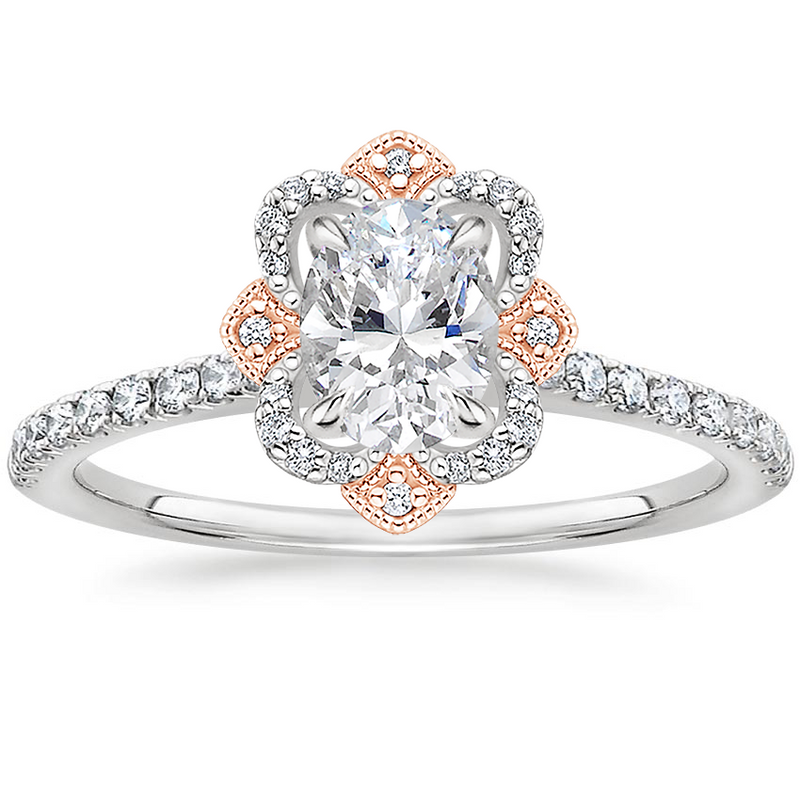 Vintage Oval Cut Moissanite Halo Engagement Ring, Available in White Gold or Platinum