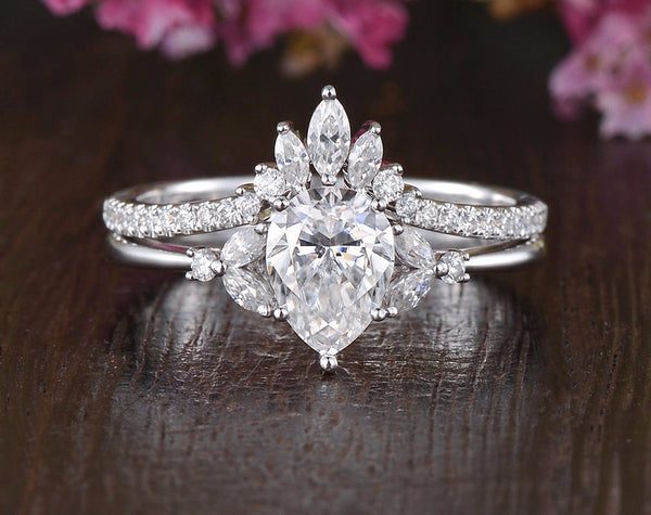 2.25ct Pear Cut Moissanite Ring Set, Side Stones with Shaped Band, Available in All Metals, 1.25ct Main Stone