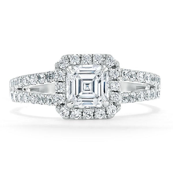 Lab-Diamond Asscher Cut Engagement Ring, Classic Halo with Split Shank, Choose Your Stone Size and Metal