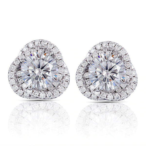 1.00ct each, Round Cut Moissanite Halo Earrings, Vintage Floral Design, 14Kt 585 White Gold