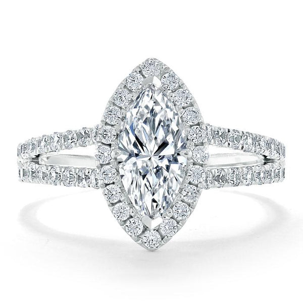 Lab-Diamond Marquise Cut Halo Engagement Ring, Tiffany Style, Choose Your Stone Size and Metal