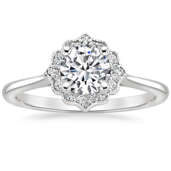 1.00ct Vintage Round Cut Moissanite Halo Engagement Ring, Available in White Gold, Platinum, Rose Gold or Yellow Gold