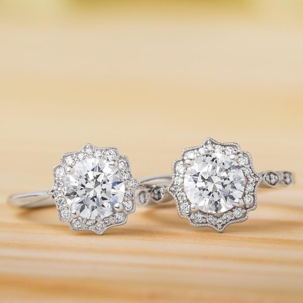 1.00ct Vintage Round Cut Moissanite Halo Engagement Ring, Available in White Gold, Platinum, Rose Gold or Yellow Gold