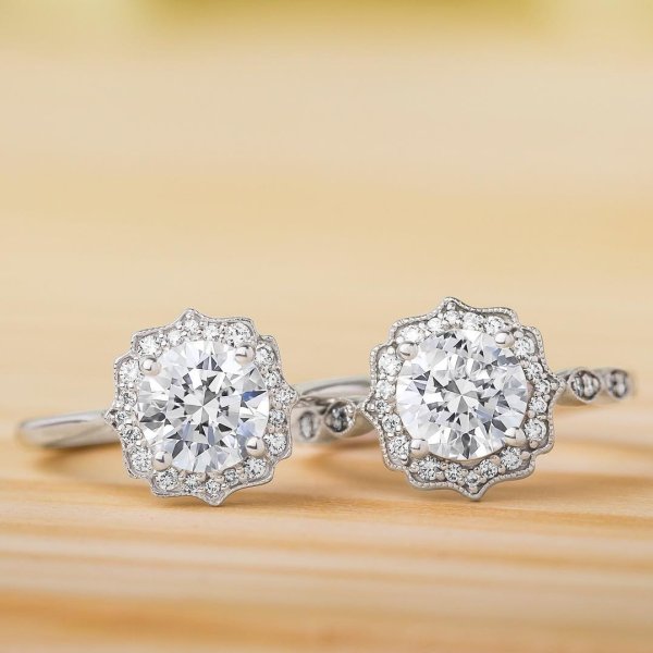 Lab-Diamond, Vintage Round Cut Halo Engagement Ring, Choose Your Stone Size and Metal