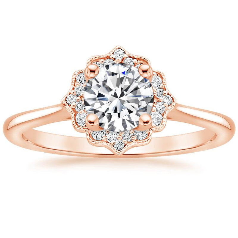 1.00ct Vintage Round Cut Moissanite Halo Engagement Ring, Available in White Gold, Platinum, Rose Gold or Yellow Gold