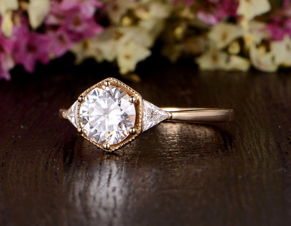 Round Cut Moissanite Engagement Ring, Art Deco Trilogy Design, Choose Your Stone Size & Metal