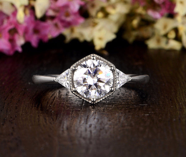 Round Cut Moissanite Engagement Ring, Art Deco Trilogy Design, Choose Your Stone Size & Metal