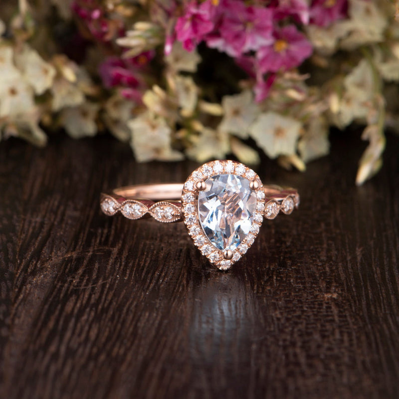 1.50ct Aqua Marine Pear Cut Halo Engagement Ring, Vintage Design, Choose Your Metal