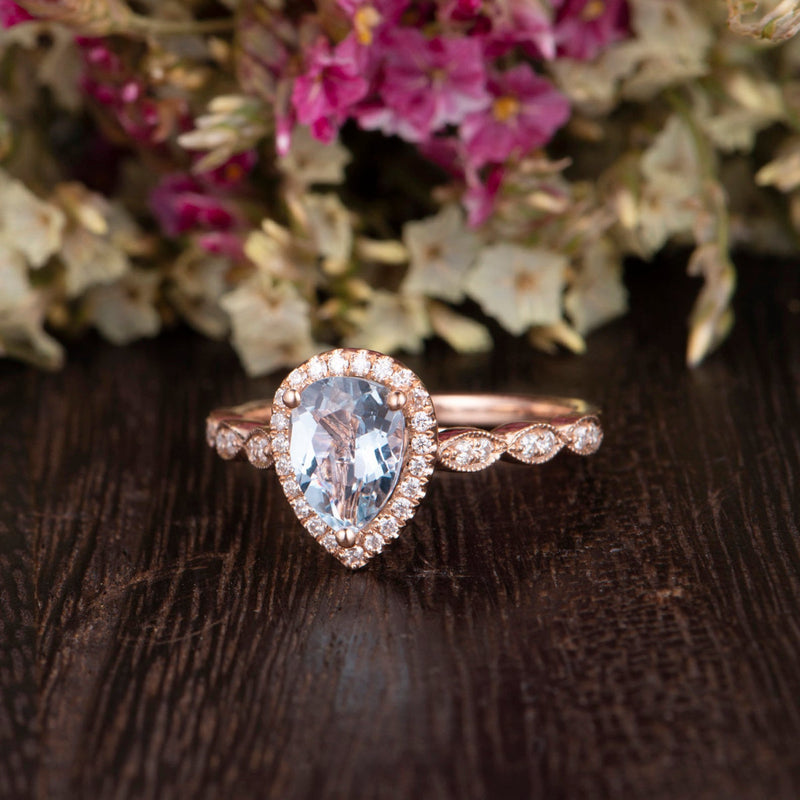 1.50ct Aqua Marine Pear Cut Halo Engagement Ring, Vintage Design, Choose Your Metal
