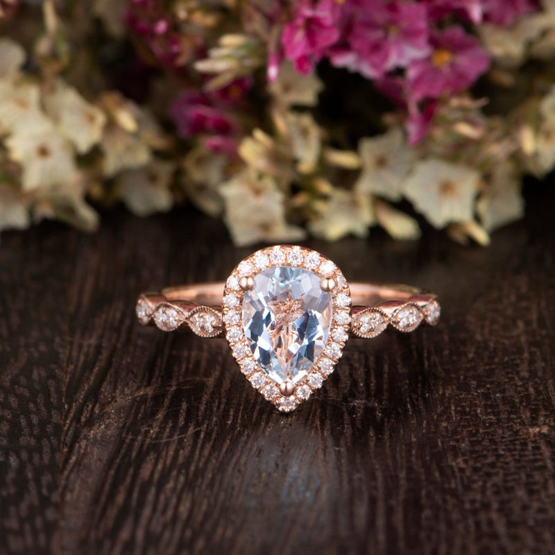 1.50ct Aqua Marine Pear Cut Halo Engagement Ring, Vintage Design, Choose Your Metal