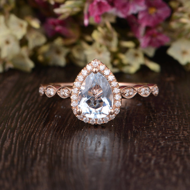 1.50ct Aqua Marine Pear Cut Halo Engagement Ring, Vintage Design, Choose Your Metal