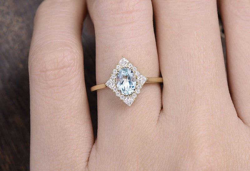 1.00ct Aqua Marine Oval Cut Engagement Ring, Vintage Art Deco Design, Choose Your Metal