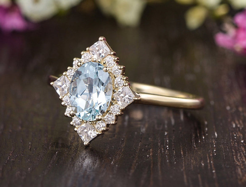 1.00ct Aqua Marine Oval Cut Engagement Ring, Vintage Art Deco Design, Choose Your Metal
