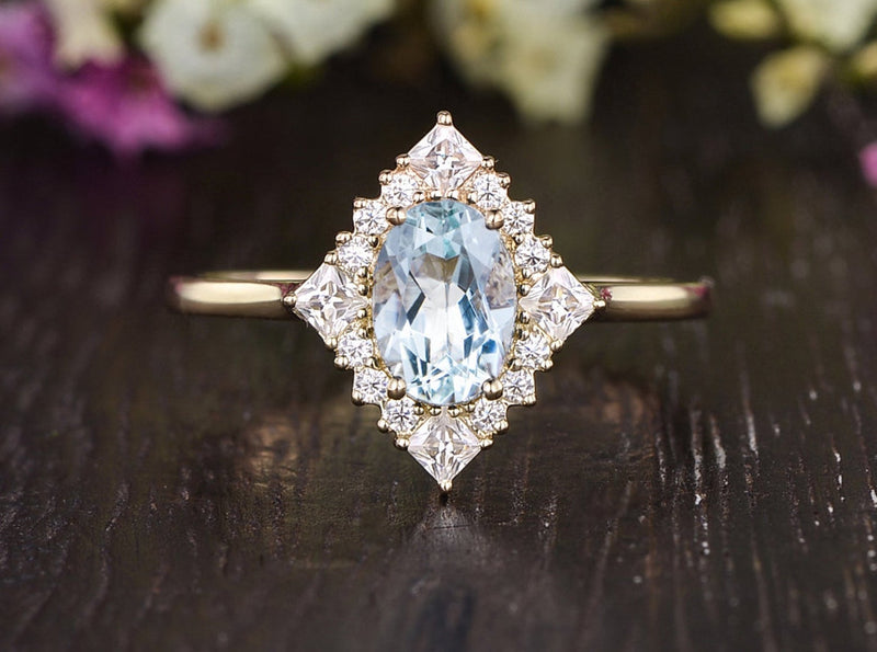 1.00ct Aqua Marine Oval Cut Engagement Ring, Vintage Art Deco Design, Choose Your Metal