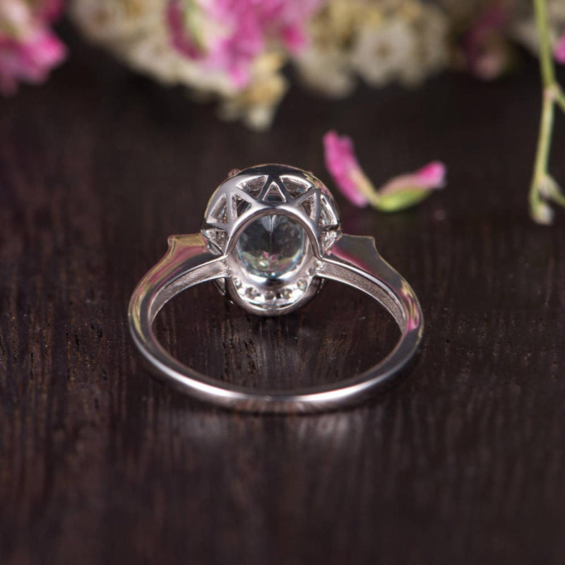1.25ct Aqua Marine Oval Cut Halo Engagement Ring, Vintage Art Deco Design, Choose Your Metal