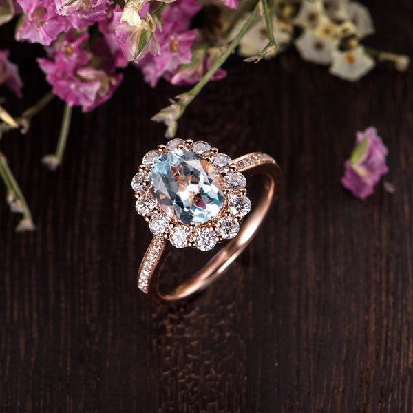 1.50ct Aqua Marine Oval Cut Halo Engagement Ring, Vintage Art Deco Design, Choose Your Metal