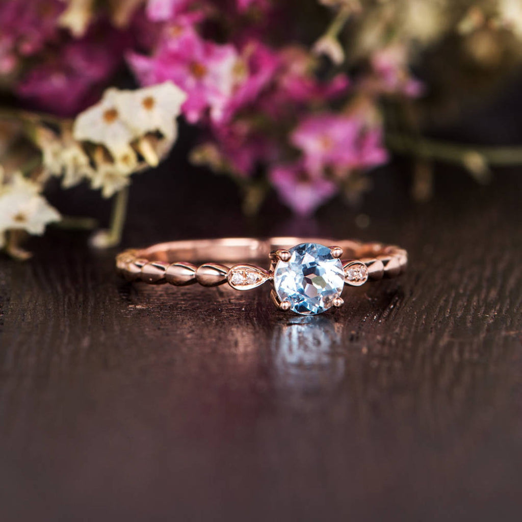 Aquamarine Round Cut Engagement Ring Vintage Design Infinity Diamond Jewellery