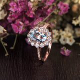 1.50ct Aqua Marine Oval Cut Halo Engagement Ring, Vintage Art Deco Design, Choose Your Metal