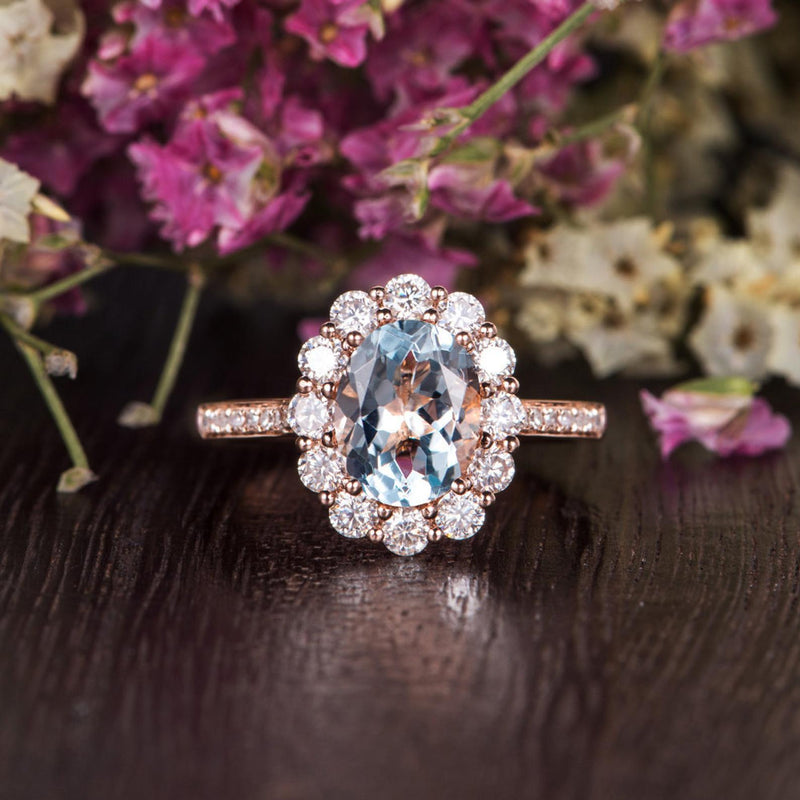 1.50ct Aqua Marine Oval Cut Halo Engagement Ring, Vintage Art Deco Design, Choose Your Metal