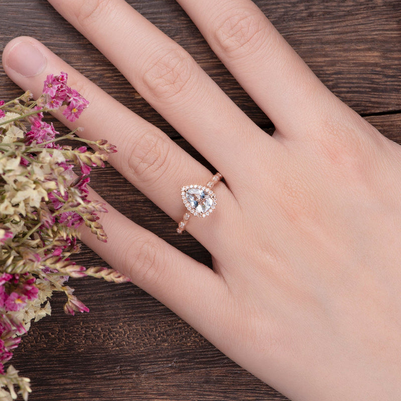 1.50ct Aqua Marine Pear Cut Halo Engagement Ring, Vintage Design, Choose Your Metal